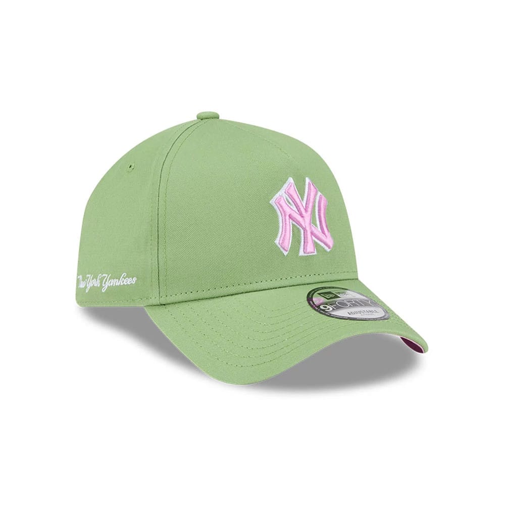 Pictured is this MLB Strawberry Matcha New York Yankees 9FORTY A-Frame cap in green. 1