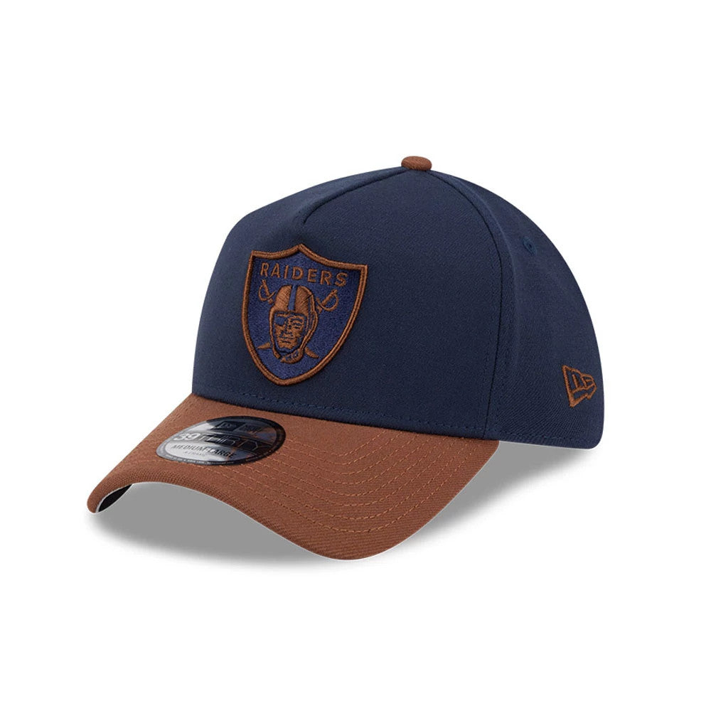 Pictured is this NFL Blueberry Tiramisu Las Vegas Raiders 39THIRTY A-Frame Stretch Fit cap in navy & brown. 1