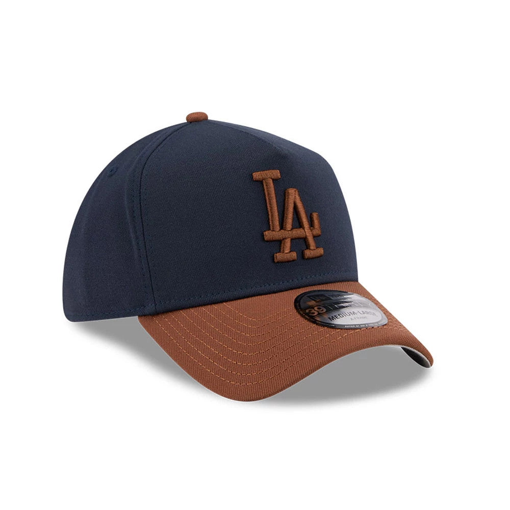 Pictured is this MLB Blueberry Tiramisu LA Dodgers 39THIRTY A-Frame Stretch Fit cap in navy & brown. 4