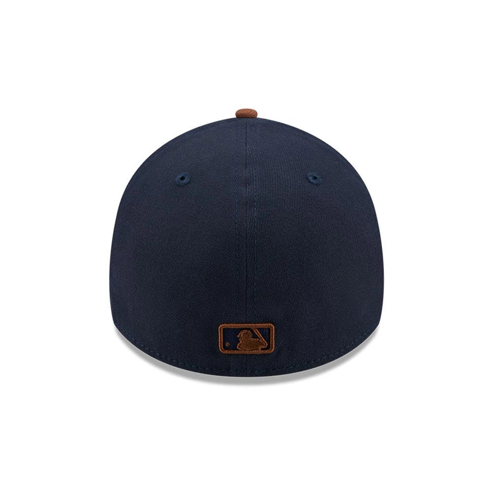 Pictured is this MLB Blueberry Tiramisu LA Dodgers 39THIRTY A-Frame Stretch Fit cap in navy & brown. 7