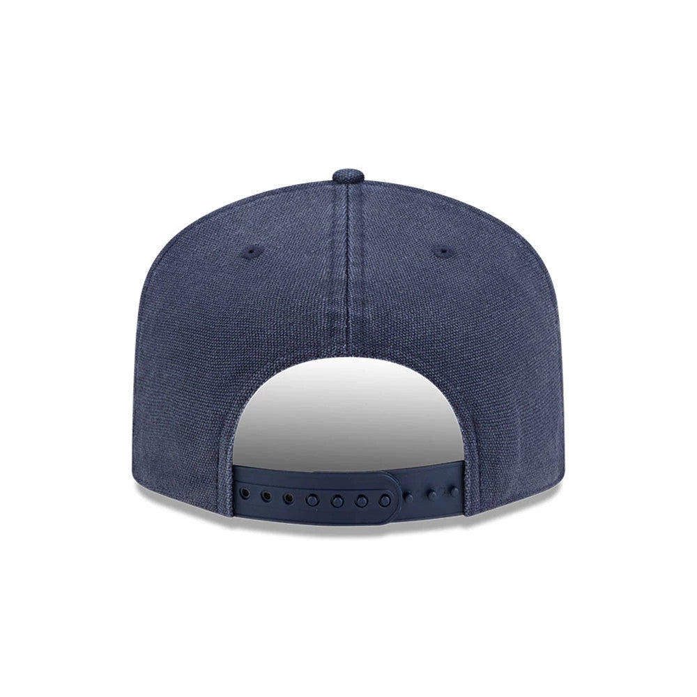 Detroit Tigers MLB Duck Canvas Navy New Era 19TWENTY Adjustable Cap, rear view showing the absence of a back logo on the navy panels, a structured crown, and an adjustable snapback closure with multiple size options.