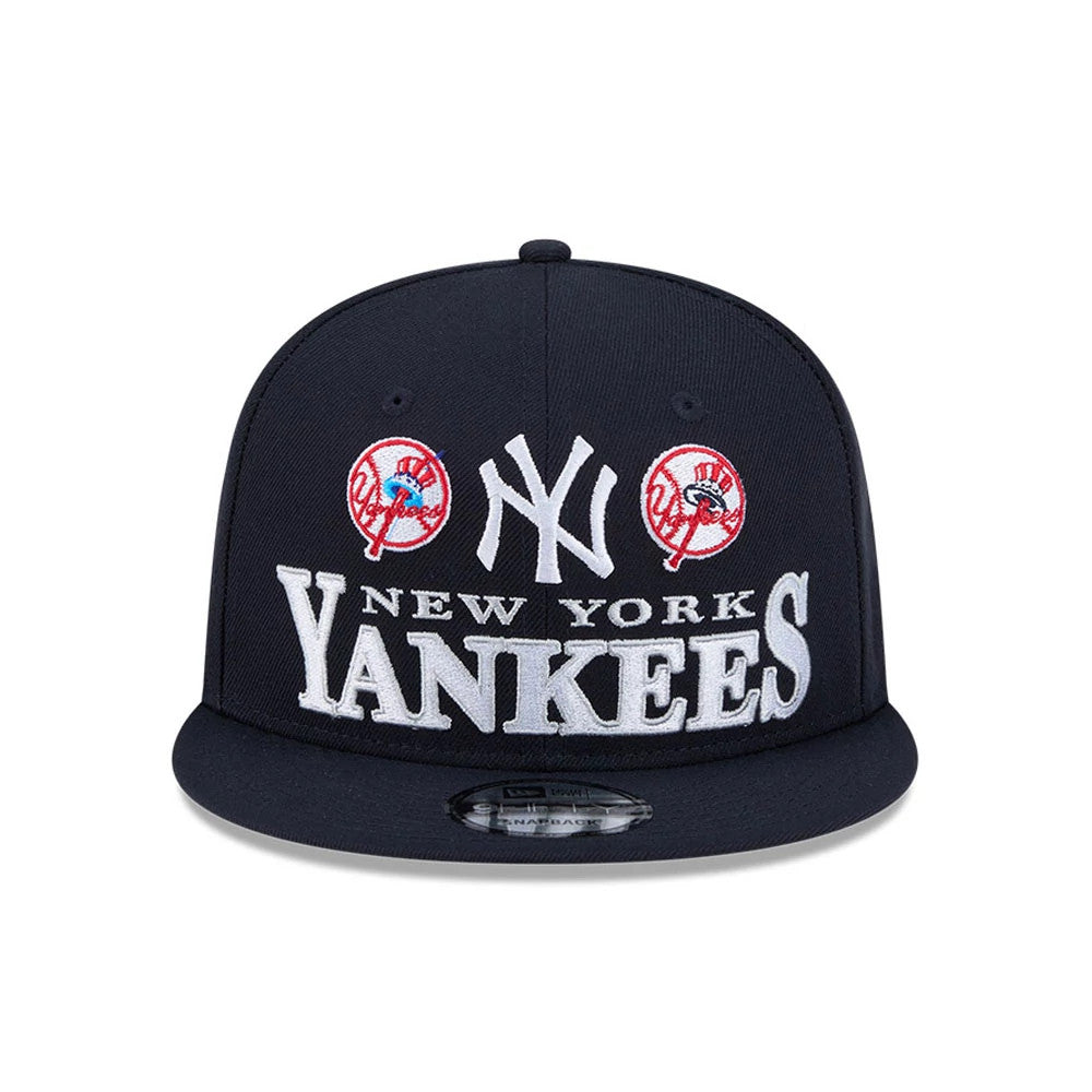 Yankees MLB Cooperstown Throwback Navy New Era 9FIFTY Snapback Adjustable Cap, front view showing two red and white Yankees Cooperstown logos and a large grey New York Yankees embroidery, with a black visor and 9FIFTY size sticker.