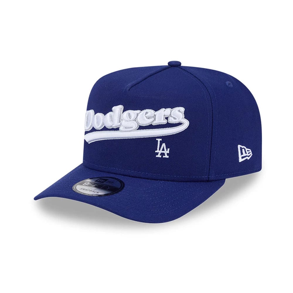 Pictured is this MLB Cooperstown Pennant Script LA Dodgers 9FIFTY A-Frame Snapback cap in dark blue. 1