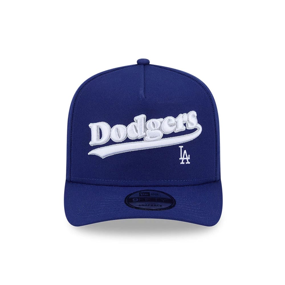 Pictured is this MLB Cooperstown Pennant Script LA Dodgers 9FIFTY A-Frame Snapback cap in dark blue. 3