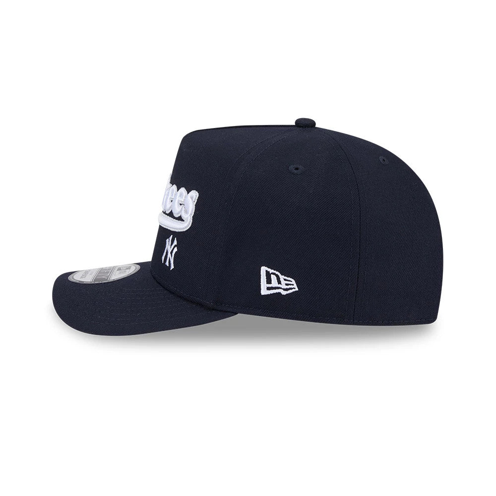 Pictured is this MLB Cooperstown Pennant Script New York Yankees 9FIFTY A-Frame Snapback cap in navy. 2