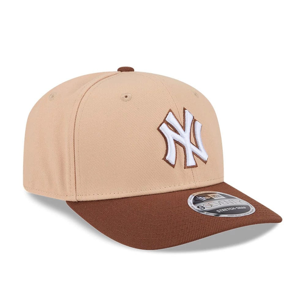 Pictured is this MLB Candied Pecan New York Yankees 9SEVENTY Stretch Snap cap in beige. 4