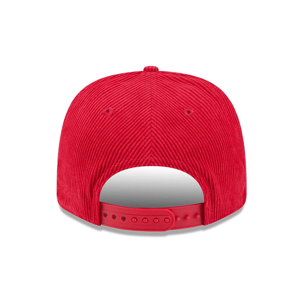 Pictured is this NFL Cord Script Kansas City Chiefs 9SEVENTY Stretch Snap cap in red. 7