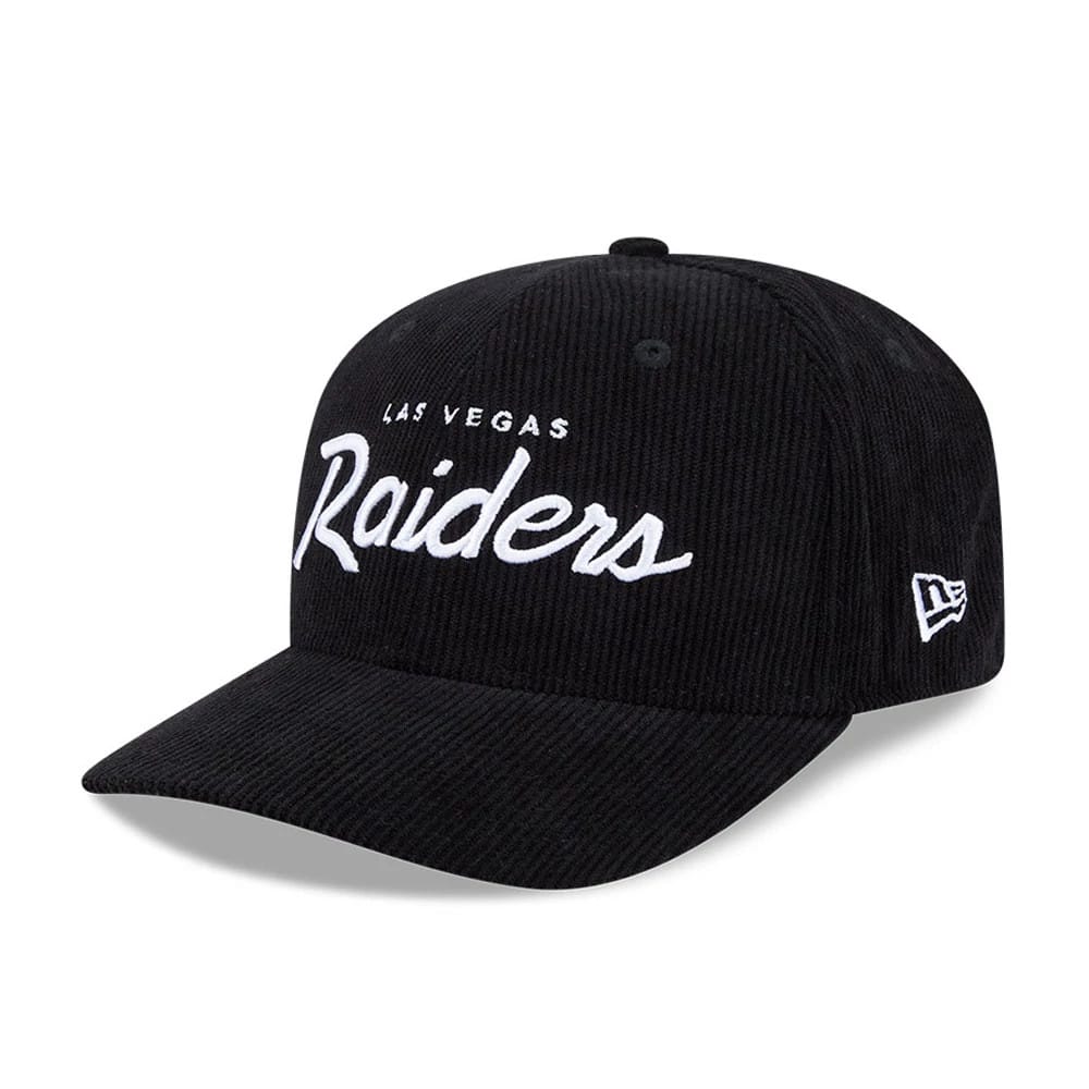 Pictured is this NFL Cord Script Las Vegas Raiders 9SEVENTY Stretch Snap cap in black. 1