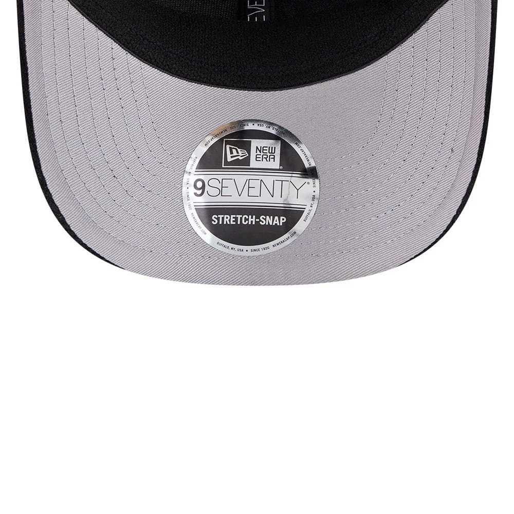 Pictured is this NFL Cord Script Las Vegas Raiders 9SEVENTY Stretch Snap cap in black. 2
