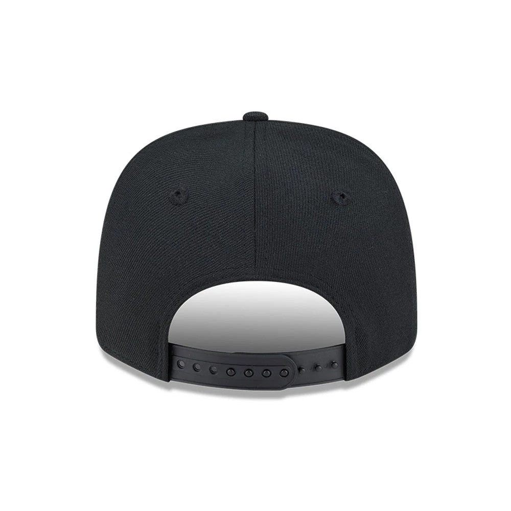 Chicago White Sox MLB Black New Era 9SEVENTY Stretch Snap Adjustable Cap, rear view showing a black snap closure at the lower edge of the structured black crown, complemented by eyelets and a top button for a finish.