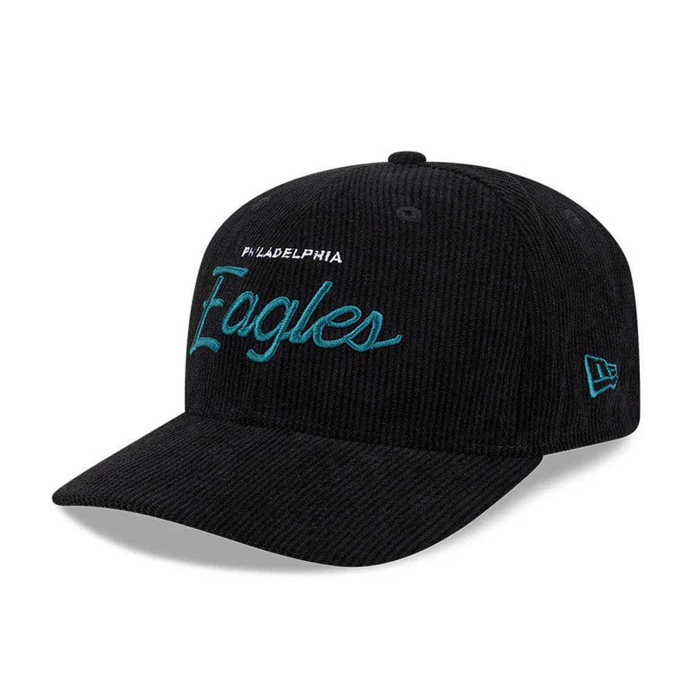 Pictured is this NFL Cord Script Philadelphia Eagles 9SEVENTY Stretch Snap cap in black. 1