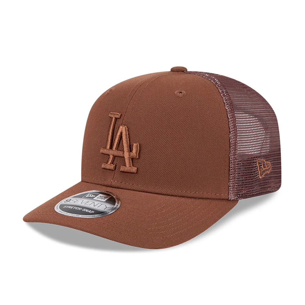LA Dodgers MLB Tiramisu Dark Brown New Era 9SEVENTY Stretch Snap Adjustable Cap, three-quarter view with the brown raised embroidered LA logo on the front panel, a matching brown mesh back, and a 9SEVENTY size sticker on the curved visor.