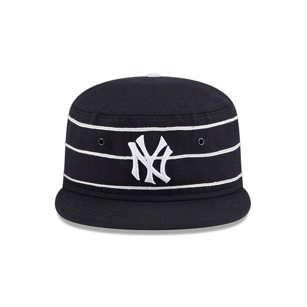 New Era New York Yankees MLB Cooperstown Navy Pillbox Adjustable Cap, front view showing the raised white embroidered NY logo on the navy front panel, combined with white horizontal stripes and a black flat visor.