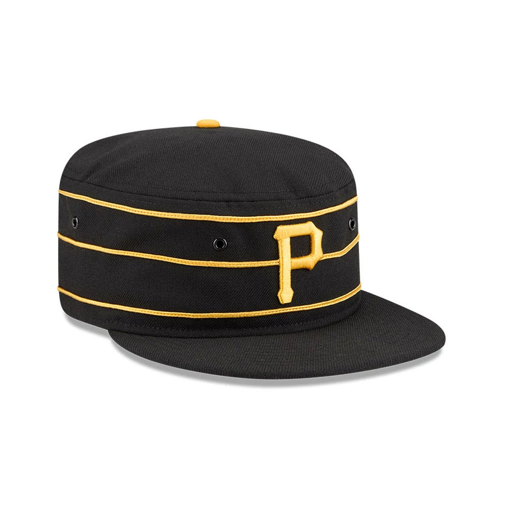 New Era Pittsburgh Pirates MLB Cooperstown Black Pillbox Adjustable Cap, three-quarter view showing the yellow embroidered P logo on the front panel, accented by horizontal yellow stripes with black eyelets on the structured black crown.