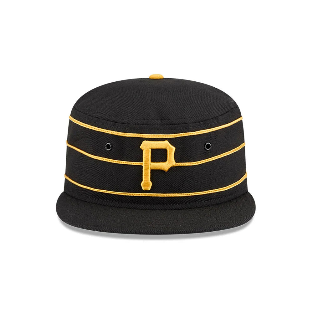 New Era Pittsburgh Pirates MLB Cooperstown Black Pillbox Adjustable Cap, front view showing a yellow embroidered P logo on the structured black crown, with yellow horizontal stripes and a matching top button above a flat black visor.