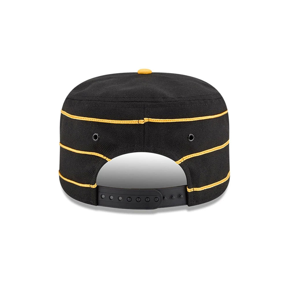 New Era Pittsburgh Pirates MLB Cooperstown Black Pillbox Adjustable Cap, rear view showing a structured black crown with yellow horizontal stripes, a yellow top button, and an adjustable black snapback closure.