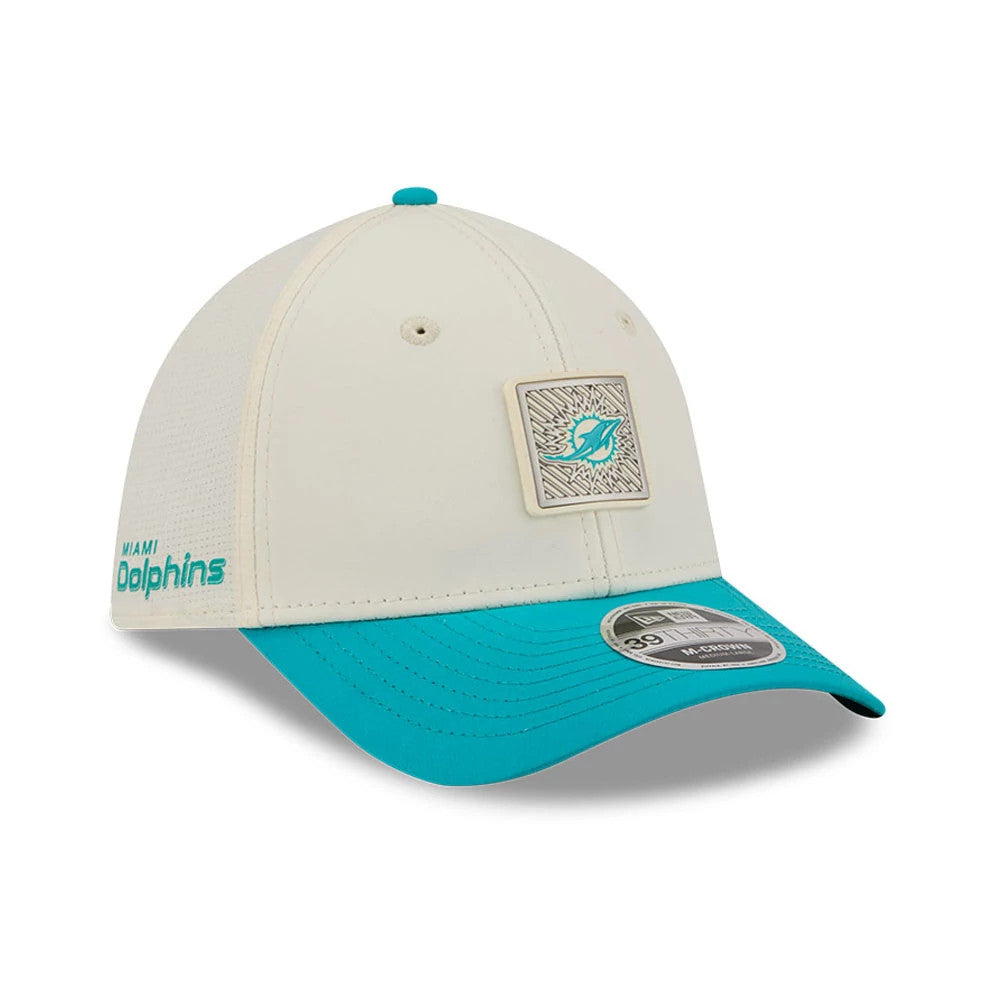 Pictured is this NFL Training 2026 Miami Dolphins 39THIRTY M-Crown Stretch Fit cap in white. 1