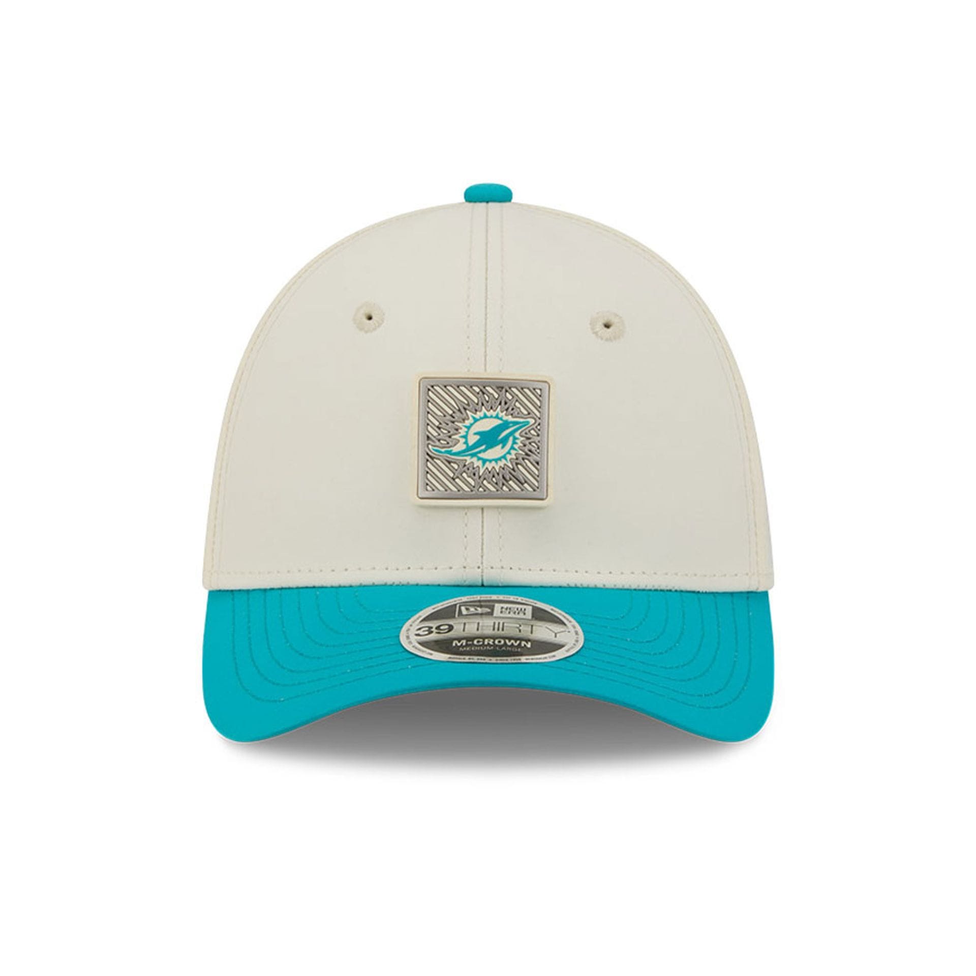 Pictured is this NFL Training 2026 Miami Dolphins 39THIRTY M-Crown Stretch Fit cap in white. 2