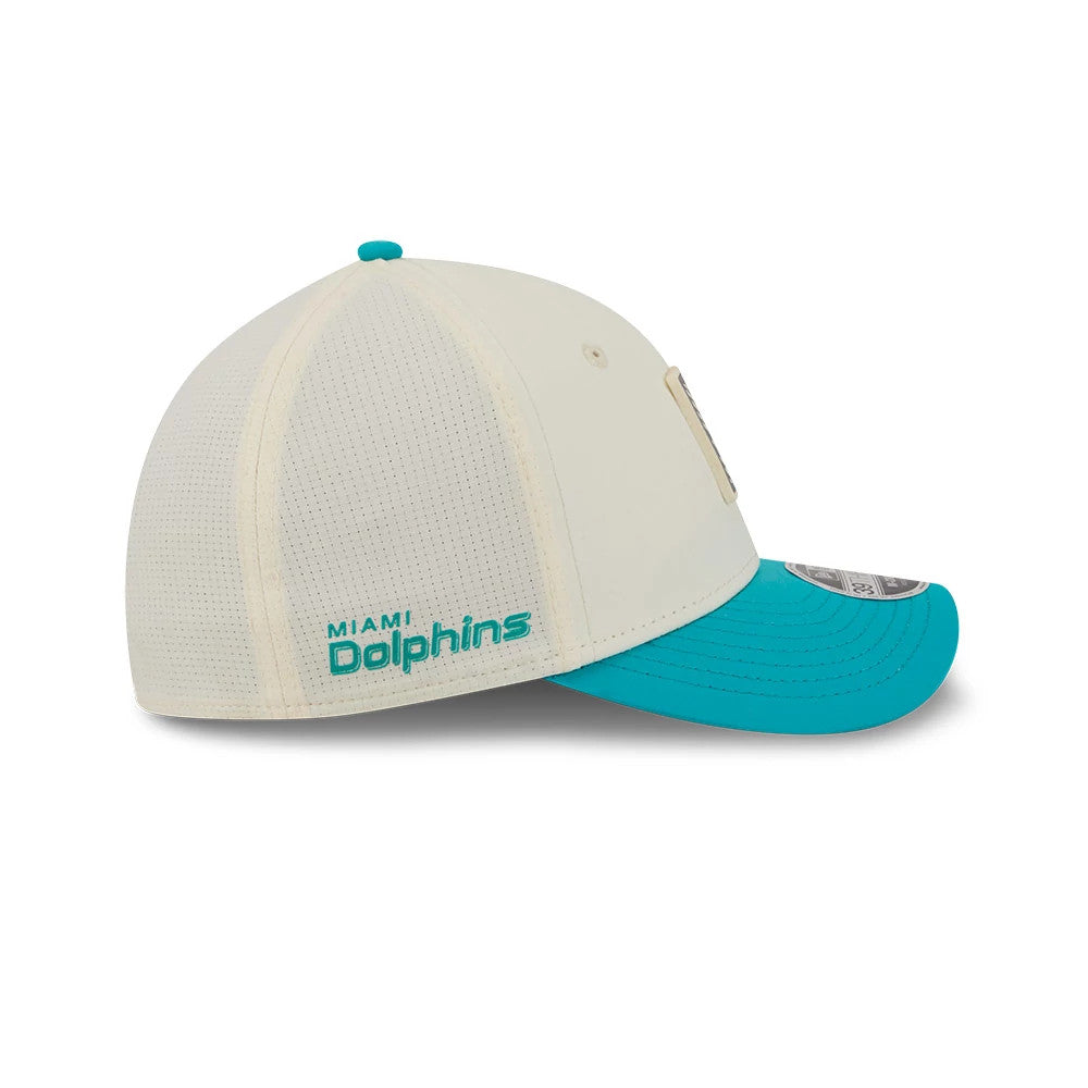 Pictured is this NFL Training 2026 Miami Dolphins 39THIRTY M-Crown Stretch Fit cap in white. 4