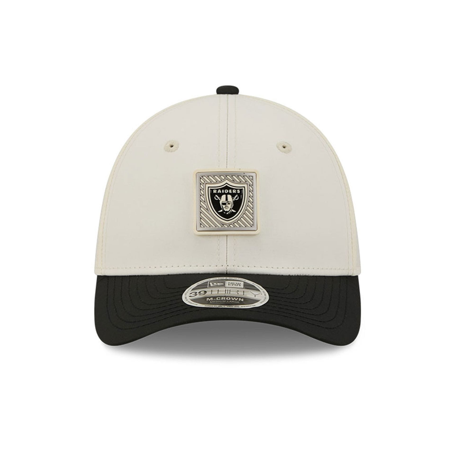 Pictured is this NFL Training 2026 Las Vegas Raiders 39THIRTY M-Crown Stretch Fit cap in white. 2