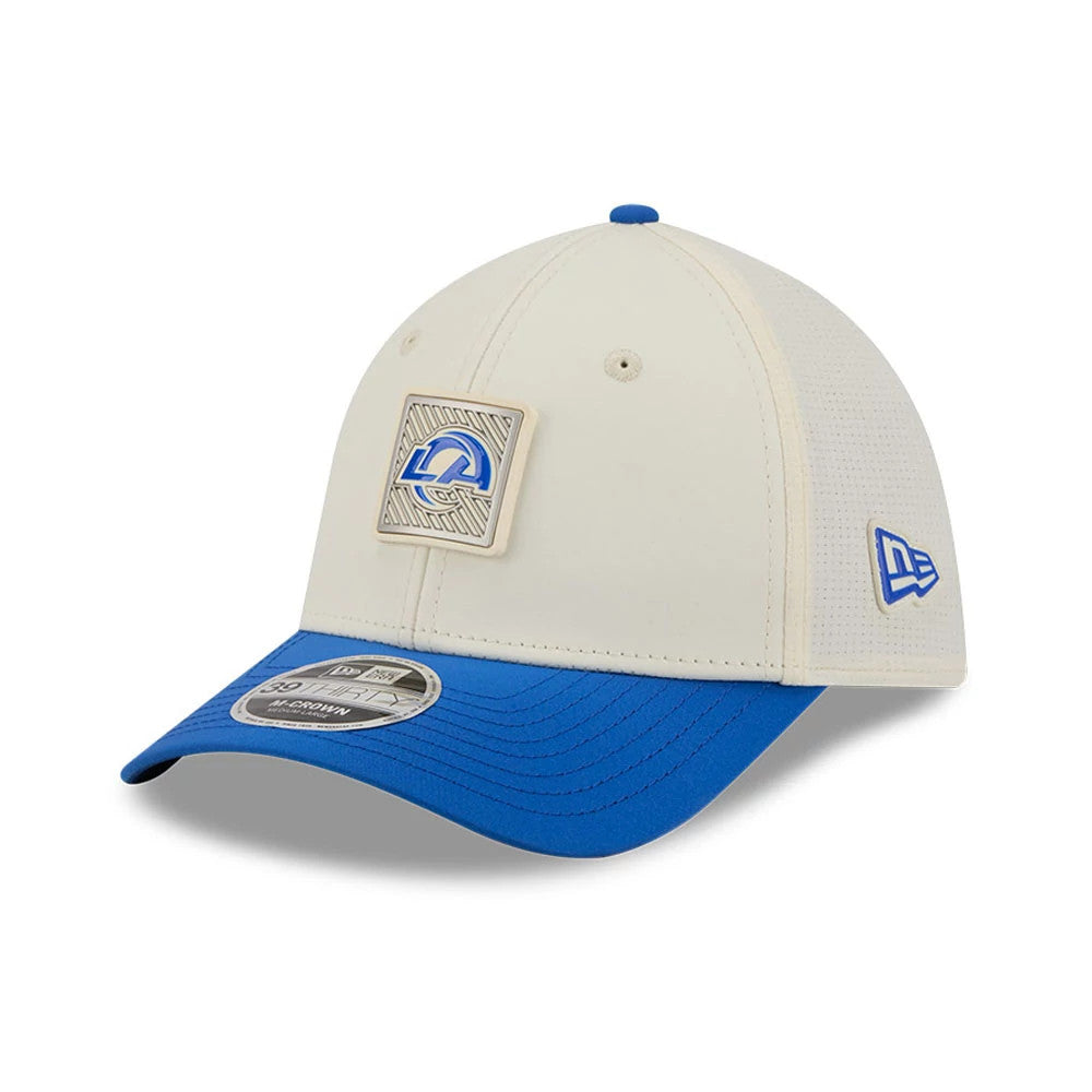Pictured is this NFL Training 2026 LA Rams 39THIRTY M-Crown Stretch Fit cap in white. 3