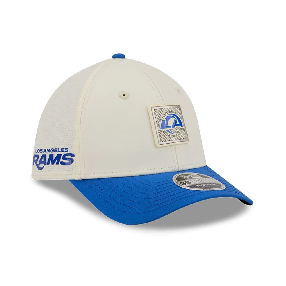 Pictured is this NFL Training 2026 LA Rams 39THIRTY M-Crown Stretch Fit cap in white. 1