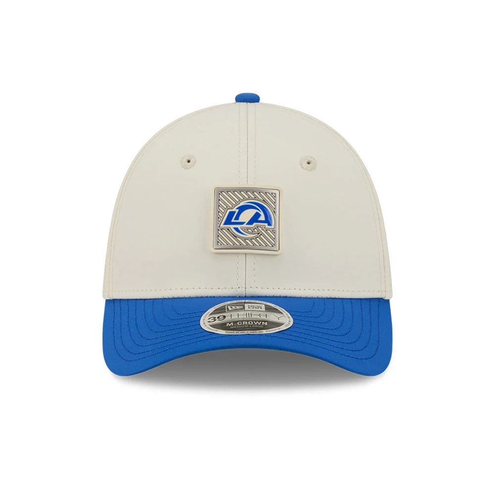 Pictured is this NFL Training 2026 LA Rams 39THIRTY M-Crown Stretch Fit cap in white. 2