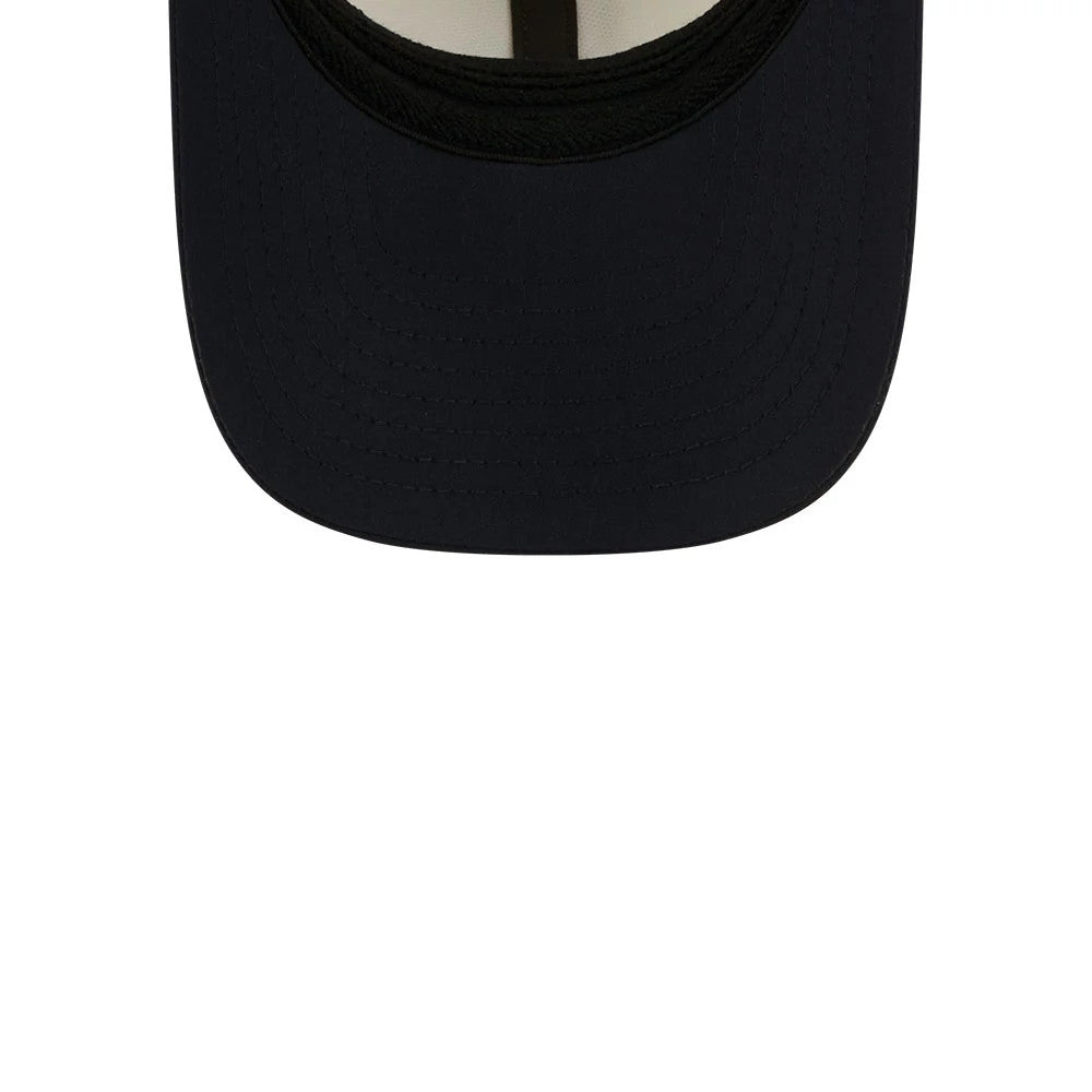 Houston Texans NFL Training 2026 White New Era 39THIRTY M-Crown Stretch Fit Cap, inside view showing the dark undervisor with stitching, black inner sweatband, and contrasting white taping on the interior crown.