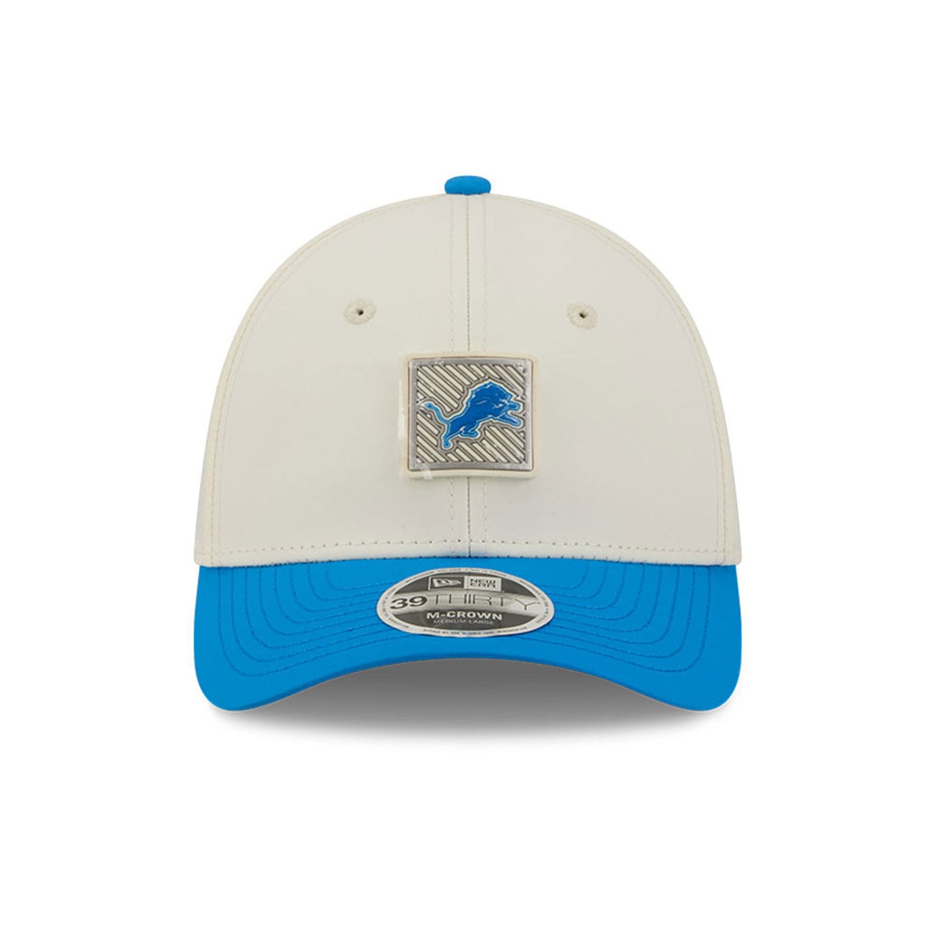 Pictured is this NFL Training 2026 Detroit Lions 39THIRTY M-Crown Stretch Fit cap in white. 2