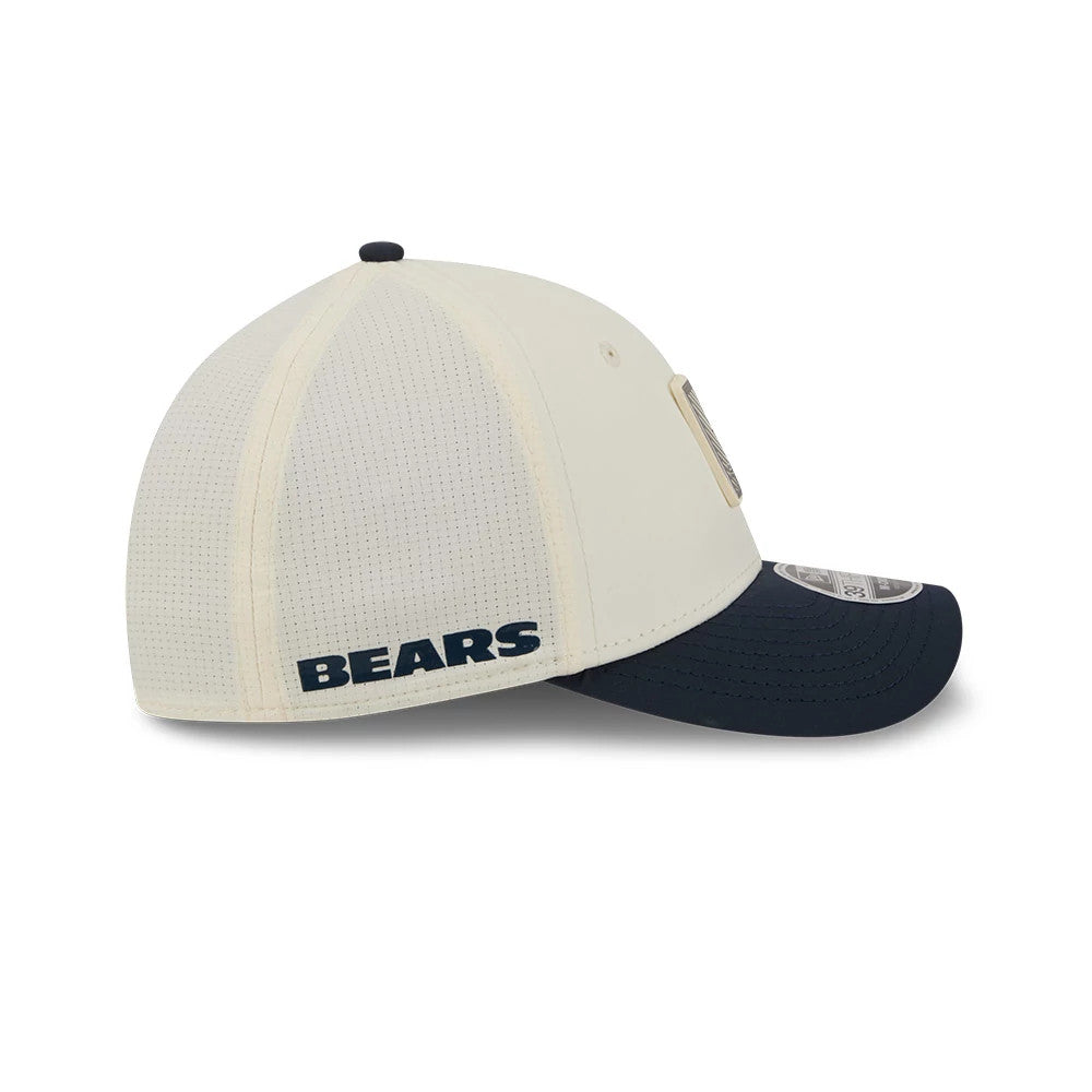 Pictured is this NFL Training 2026 Chicago Bears 39THIRTY M-Crown Stretch Fit cap in white. 4