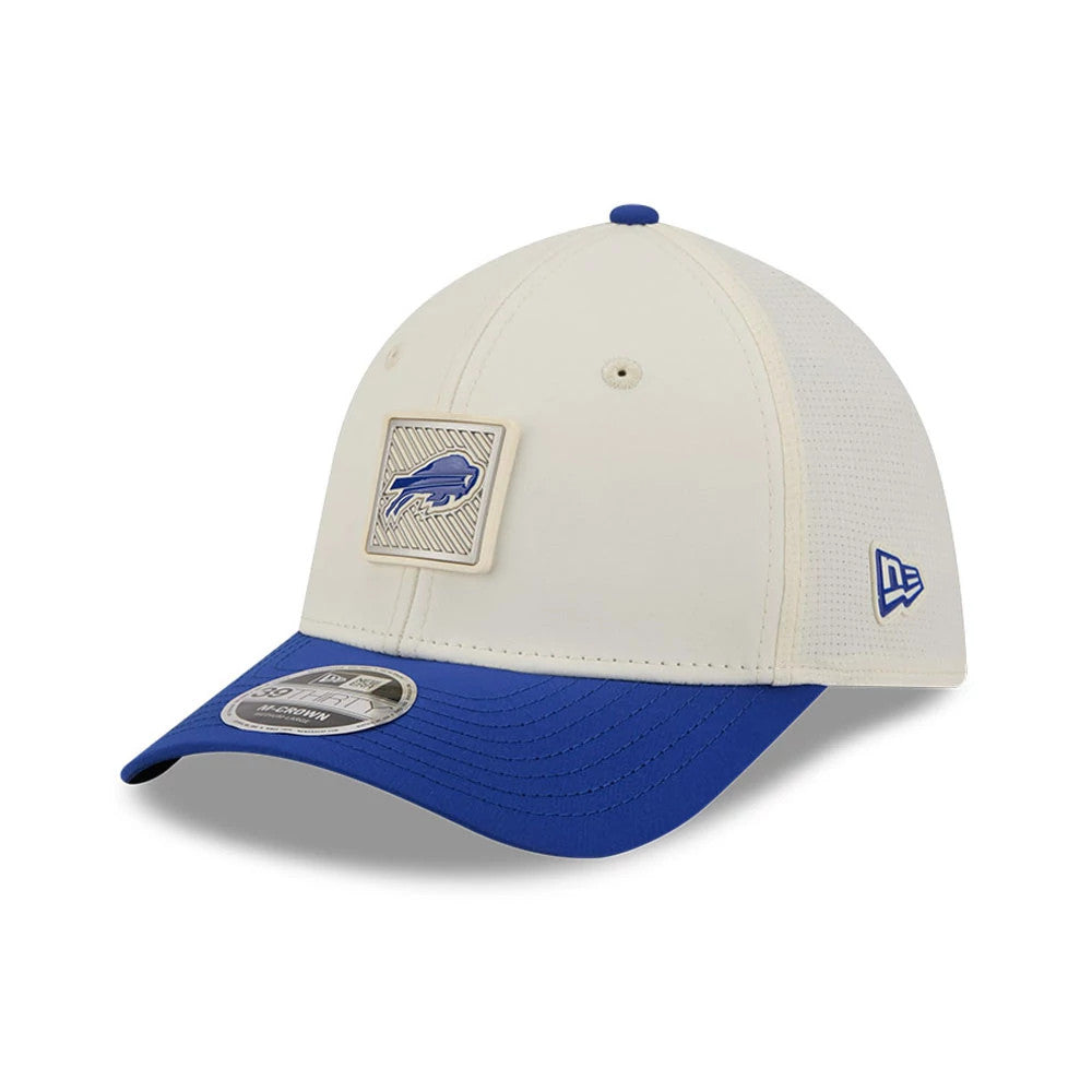 Pictured is this NFL Training 2026 Buffalo Bills 39THIRTY M-Crown Stretch Fit cap in white. 3