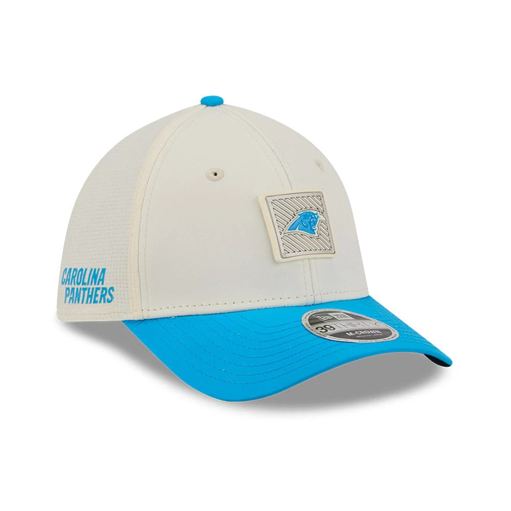 Pictured is this NFL Training 2026 Carolina Panthers 39THIRTY M-Crown Stretch Fit cap in white. 1
