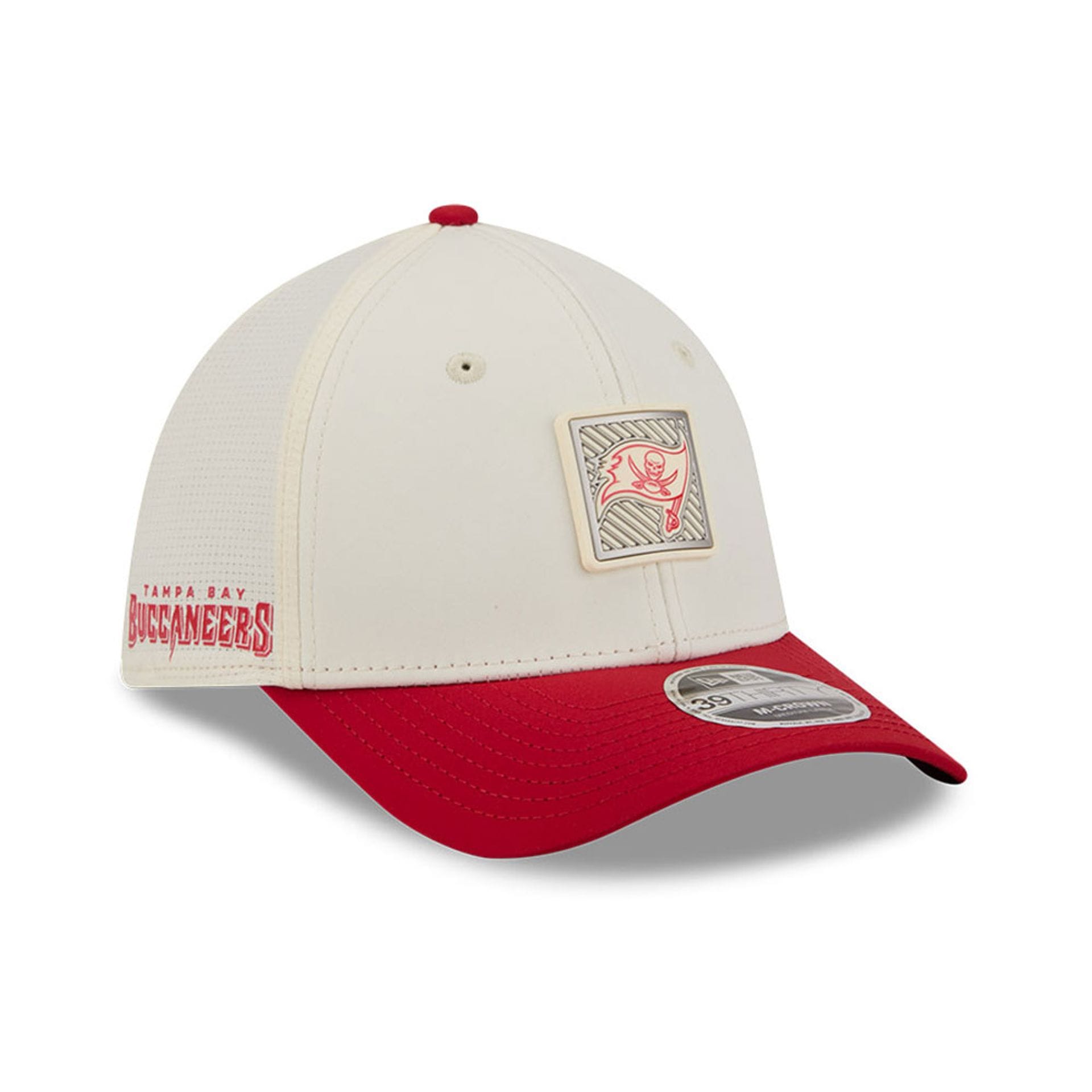 Pictured is this NFL Training 2026 Tampa Bay Buccaneers 39THIRTY M-Crown Stretch Fit cap in white. 1