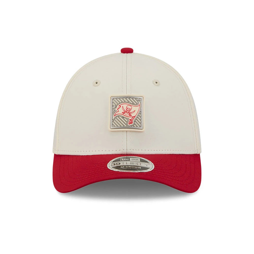 Pictured is this NFL Training 2026 Tampa Bay Buccaneers 39THIRTY M-Crown Stretch Fit cap in white. 2