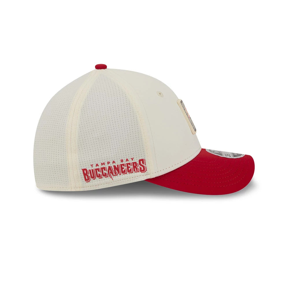 Pictured is this NFL Training 2026 Tampa Bay Buccaneers 39THIRTY M-Crown Stretch Fit cap in white. 4