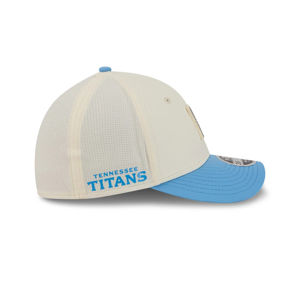 Pictured is this NFL Training 2026 Tennessee Titans 39THIRTY M-Crown Stretch Fit cap in pastel white. 4