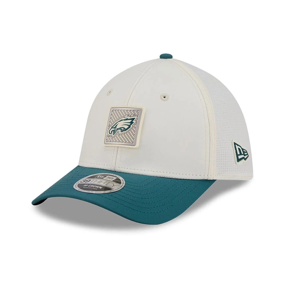 Pictured is this NFL Training 2026 Philadelphia Eagles 39THIRTY M-Crown Stretch Fit cap in white. 3