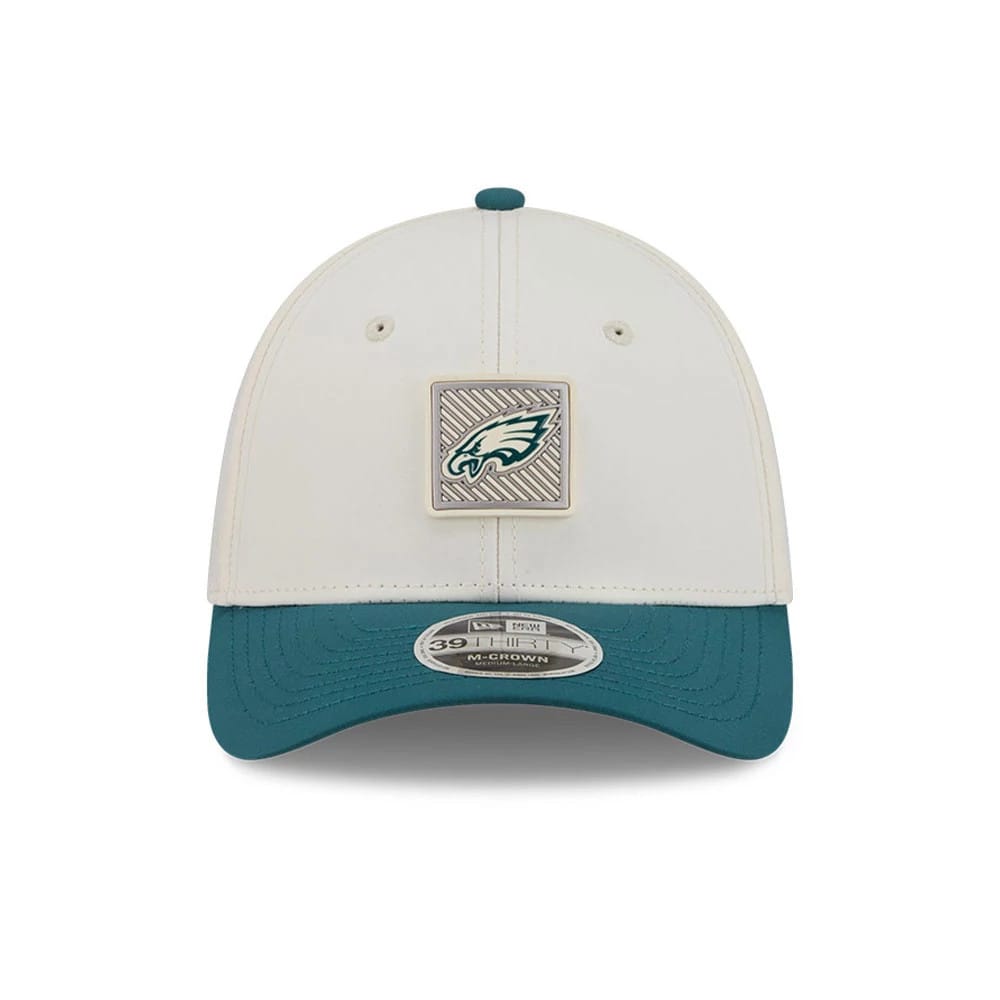 Pictured is this NFL Training 2026 Philadelphia Eagles 39THIRTY M-Crown Stretch Fit cap in white. 2