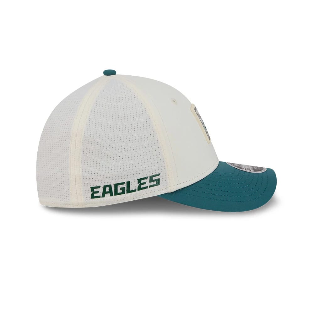 Pictured is this NFL Training 2026 Philadelphia Eagles 39THIRTY M-Crown Stretch Fit cap in white. 4