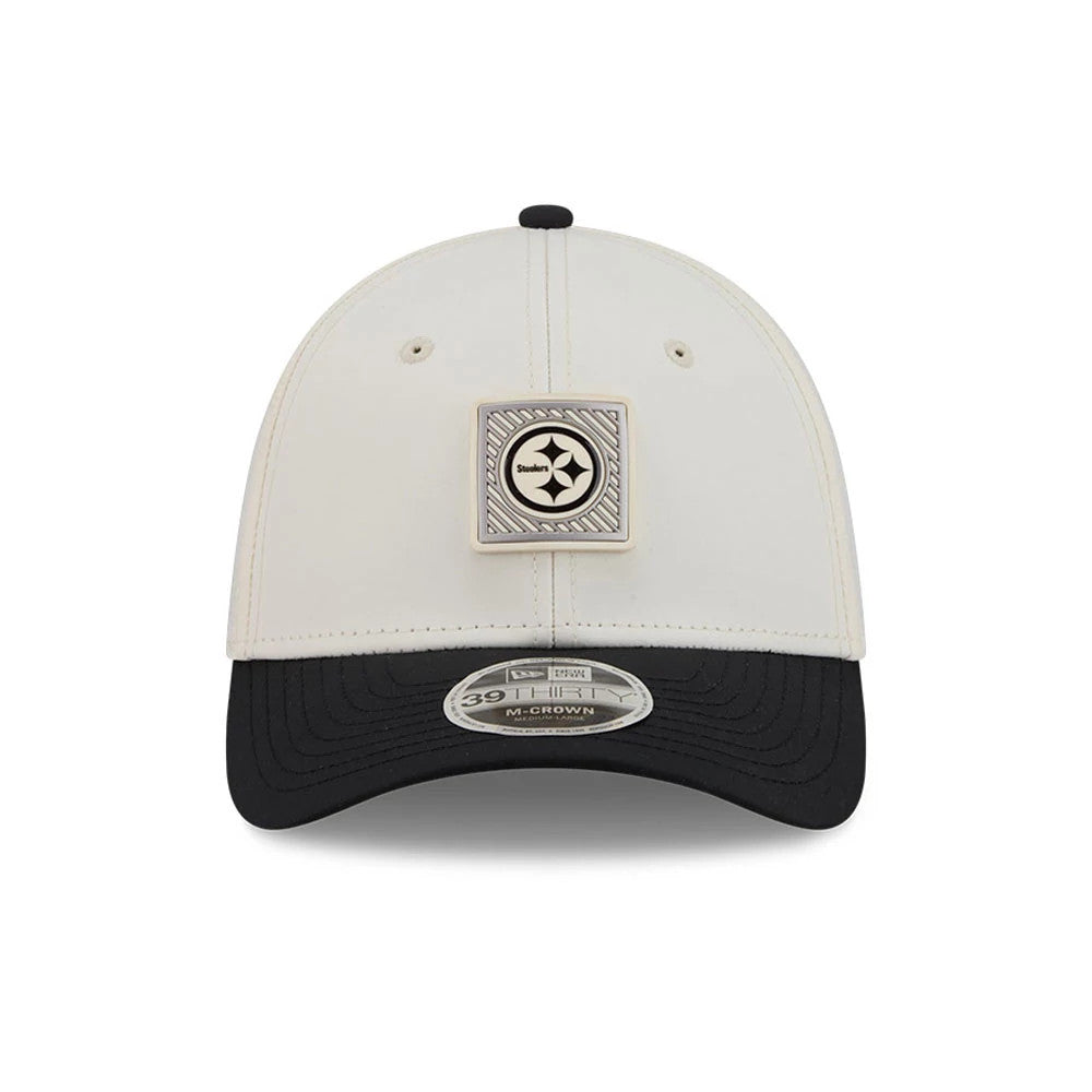 Pictured is this NFL Training 2026 Pittsburgh Steelers 39THIRTY M-Crown Stretch Fit cap in white. 2