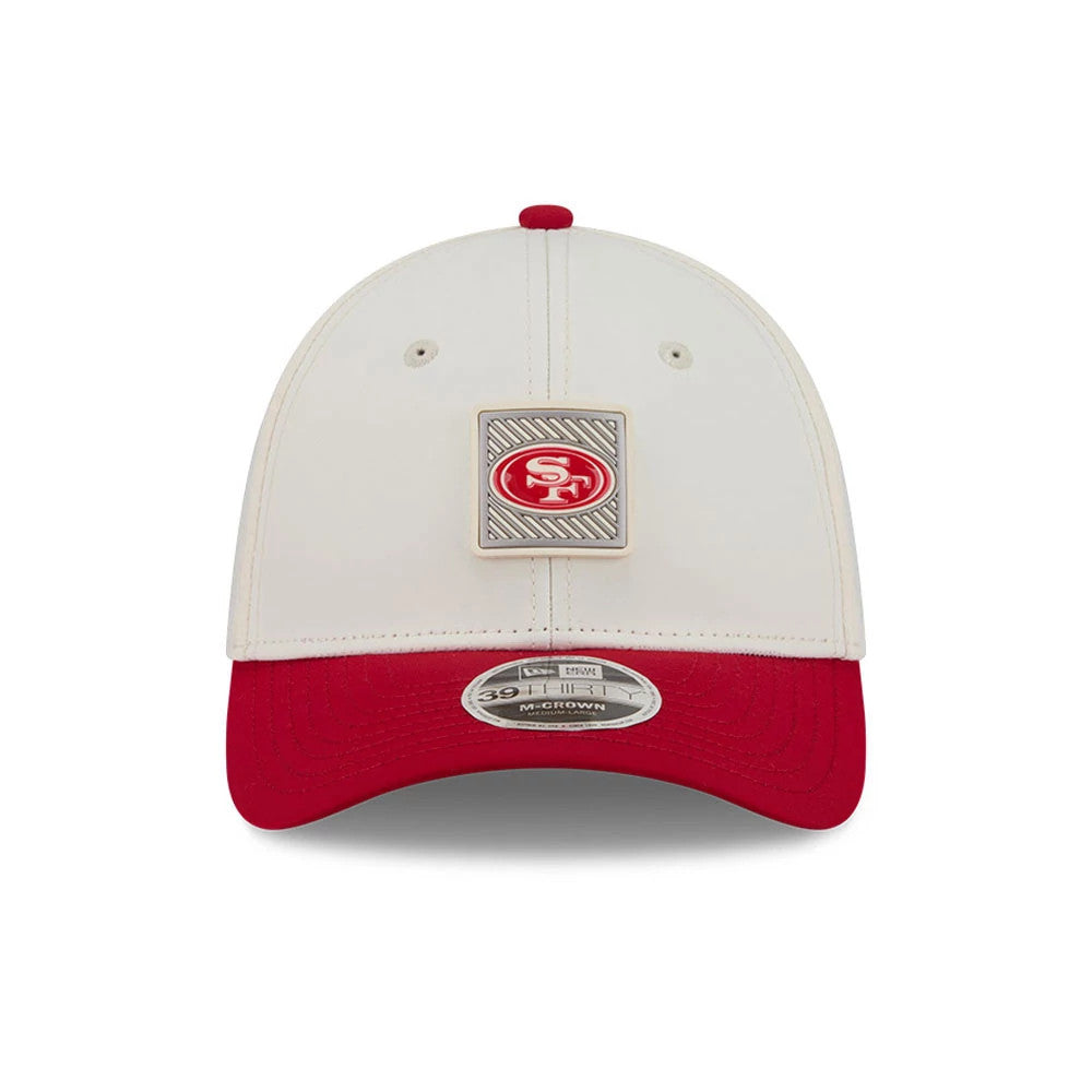 Pictured is this NFL Training 2026 San Francisco 49ers 39THIRTY M-Crown Stretch Fit cap in white. 2