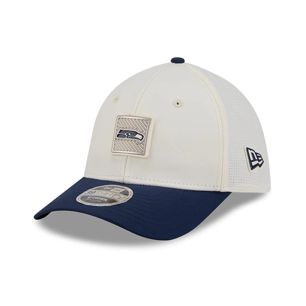 Pictured is this NFL Training 2026 Seattle Seahawks 39THIRTY M-Crown Stretch Fit cap in white. 3