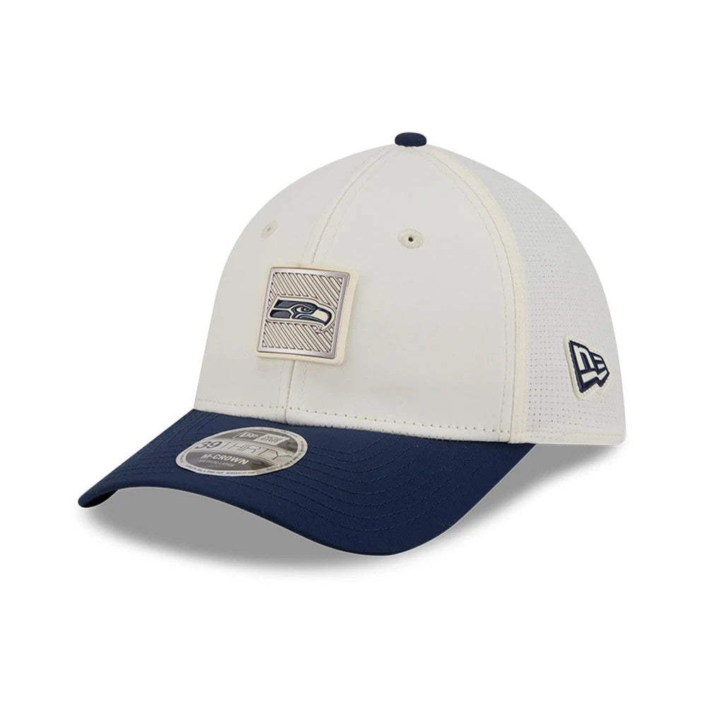 Pictured is this NFL Training 2026 Seattle Seahawks 39THIRTY M-Crown Stretch Fit cap in white. 3