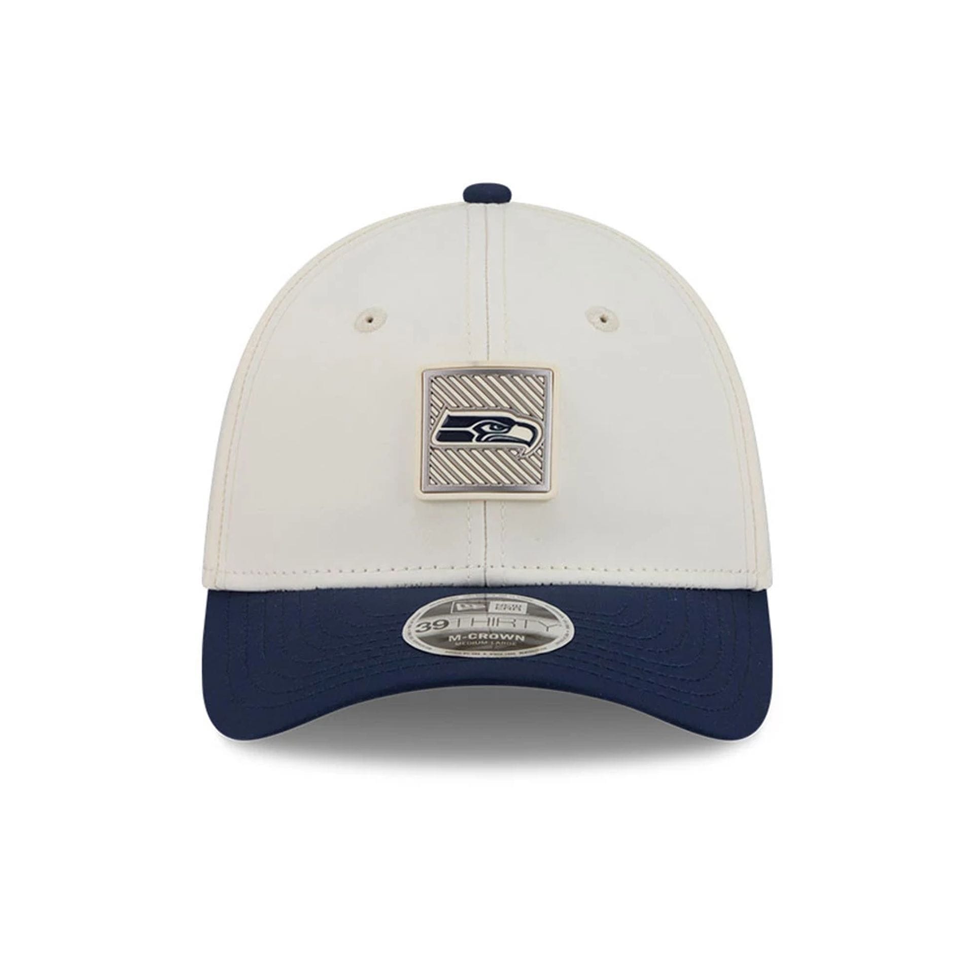 Pictured is this NFL Training 2026 Seattle Seahawks 39THIRTY M-Crown Stretch Fit cap in white. 2