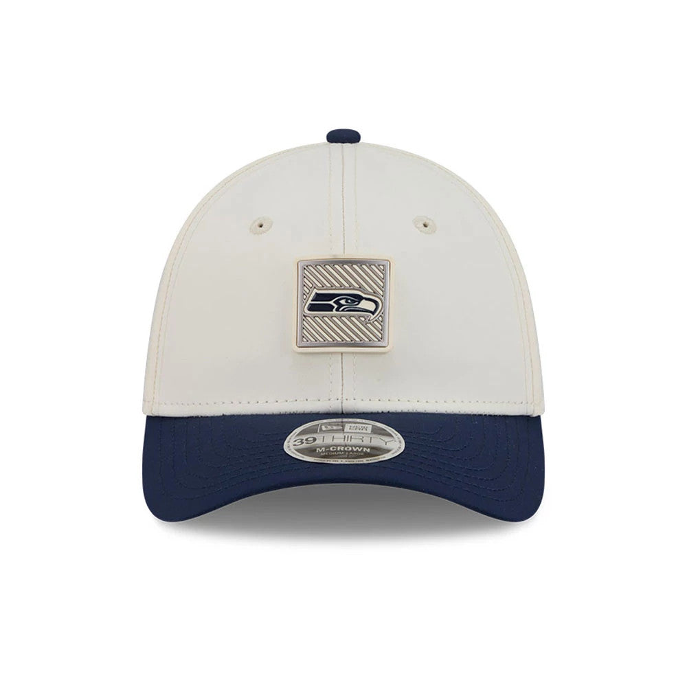 Pictured is this NFL Training 2026 Seattle Seahawks 39THIRTY M-Crown Stretch Fit cap in white. 2