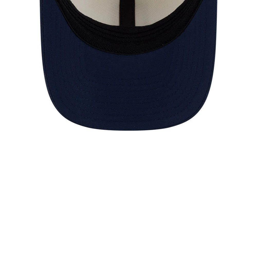 Seattle Seahawks NFL Training 2026 White New Era 39THIRTY M-Crown Stretch Fit Cap, inside view showing the navy curved visor, black sweatband and white mesh lining with a single seam tape running vertically.