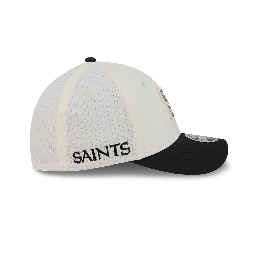 Pictured is this NFL Training 2026 New Orleans Saints 39THIRTY M-Crown Stretch Fit cap in white. 4