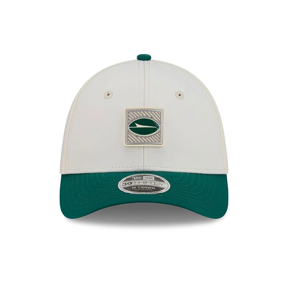 New York Jets NFL Training 2026 White New Era 39THIRTY M-Crown Stretch Fit Cap, front view showing a silver and green logo patch on the white crown, a curved green visor, and the 39THIRTY size sticker on the centre of the visor.