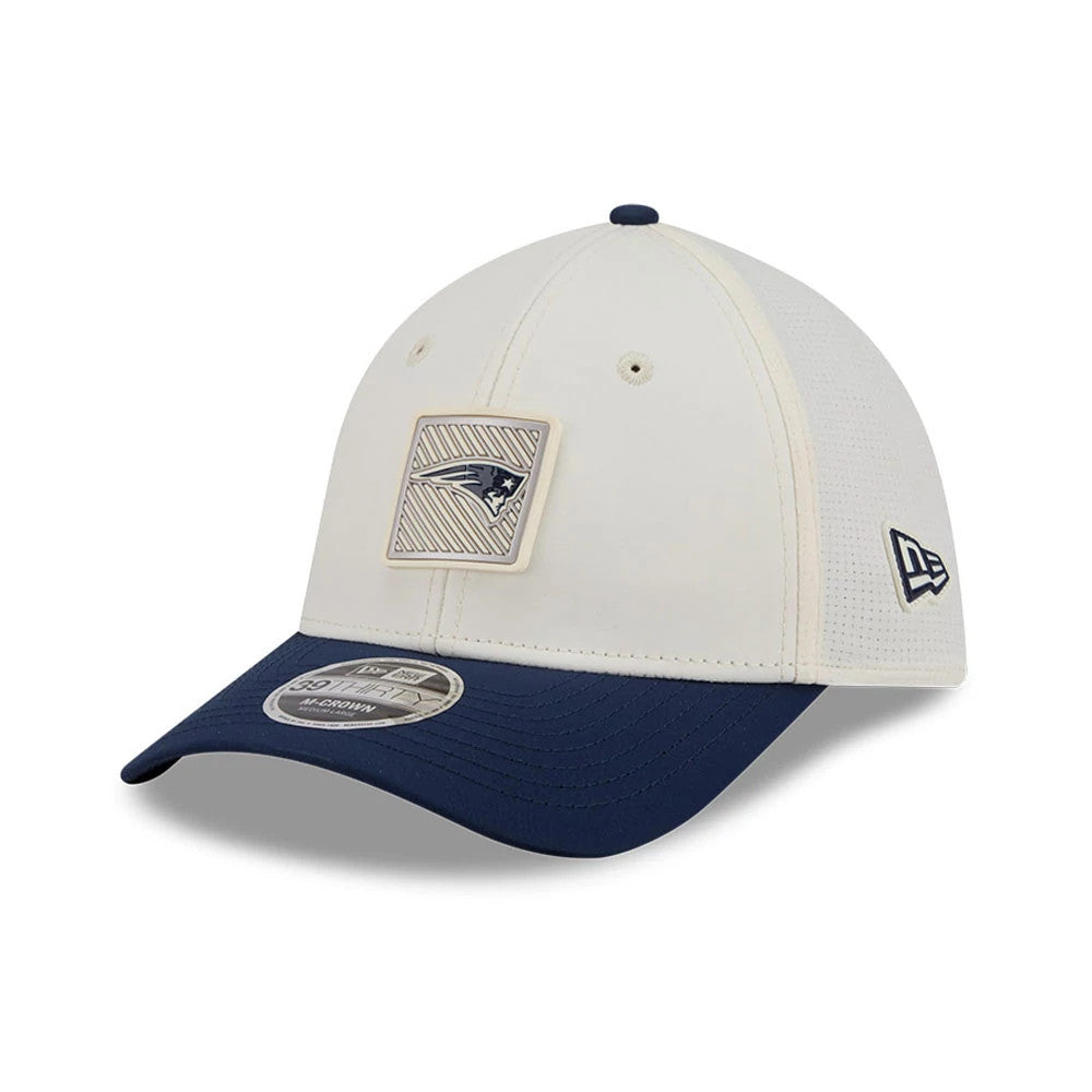 Pictured is this NFL Training 2026 New England Patriots 39THIRTY M-Crown Stretch Fit cap in white. 3