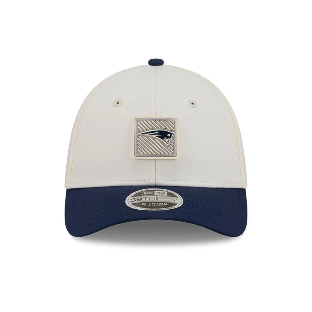 Pictured is this NFL Training 2026 New England Patriots 39THIRTY M-Crown Stretch Fit cap in white. 2